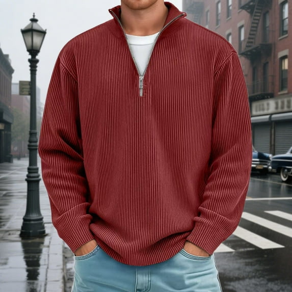 FAOWME Men's Pullover Long Sleeve Stand Collar Half Zipper Solid Color Comfortable Breathable Sweatshirt For Casual Daily Wear Red Xxxl