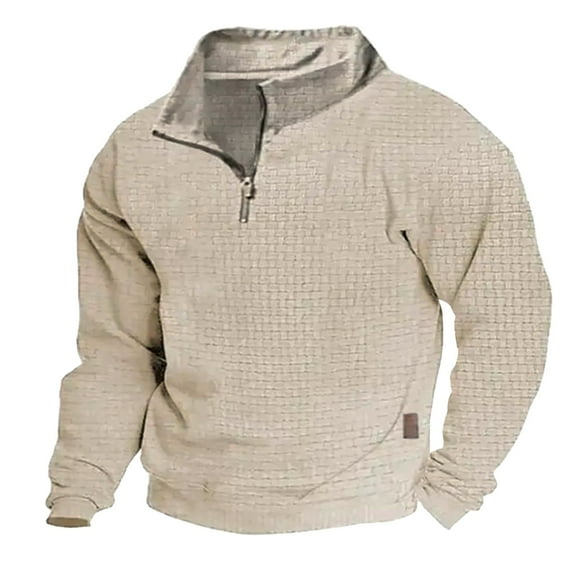 FAOWME Men's Pullover Long Sleeve Stand Collar Half Zipper Solid Color Pliad Design Comfortable Loose Fit Sweatshirt For Casual Daily Wear Beige L