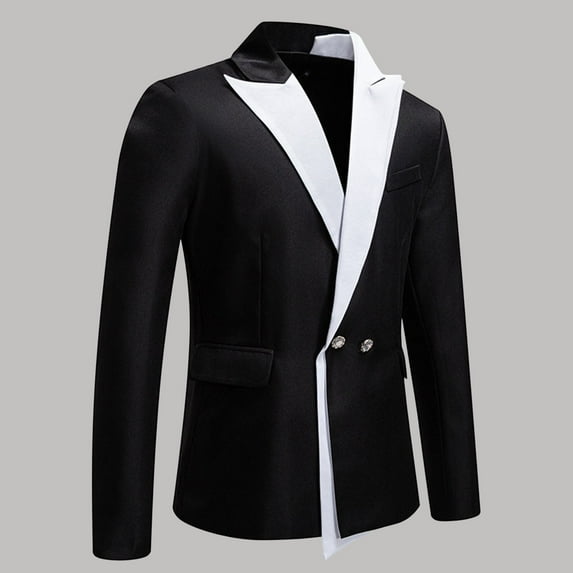 FAOWME Men's Suit Coat Long Sleeved Lapel Buttons Color Block Slim Fit Fashion Comfortable Formal Jacket For Office Wedding Black Xl