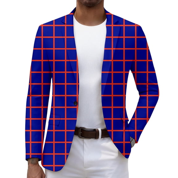 FAOWME Men's Suit Jacket Long Sleeved Lapel Buttons Plaid Printed Fashion Comfortable Coats Tops For Daily Wear Blue M