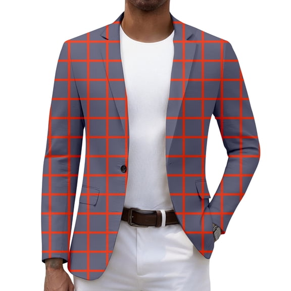 FAOWME Men's Suit Jacket Long Sleeved Lapel Buttons Plaid Printed Fashion Comfortable Coats Tops For Daily Wear Grey M