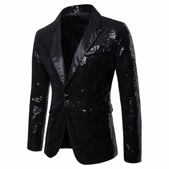 FAOWME Men's Suit Jacket Long Sleeved Lapel Buttons Sequin Fashion Comfortable Coats Tops For Stage Performance Black L