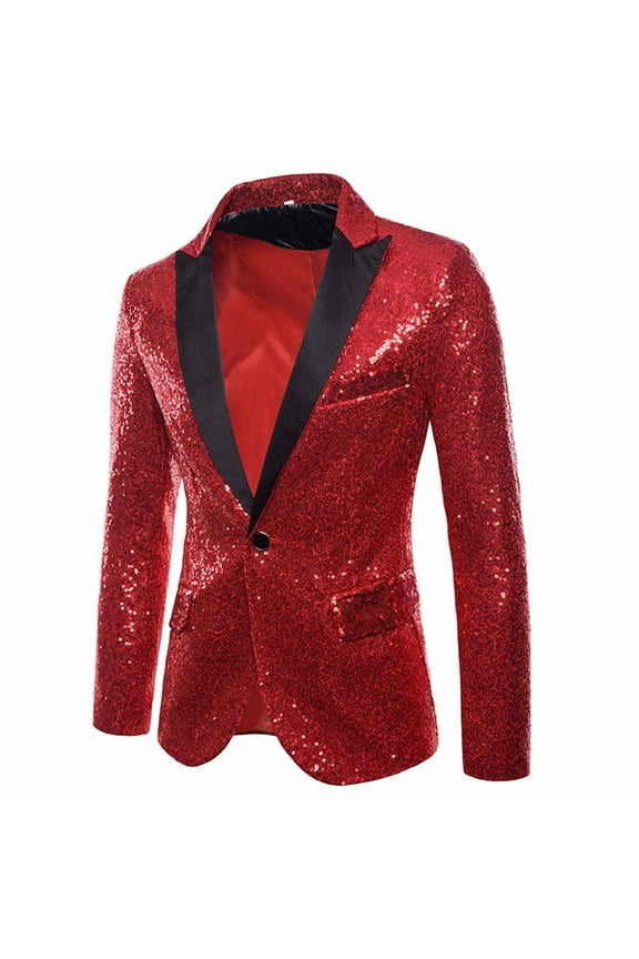 Men's Suit Jacket Long Sleeved Lapel Buttons Sequin Fashion Comfortable Coats Tops For Stage Performance Red Xl