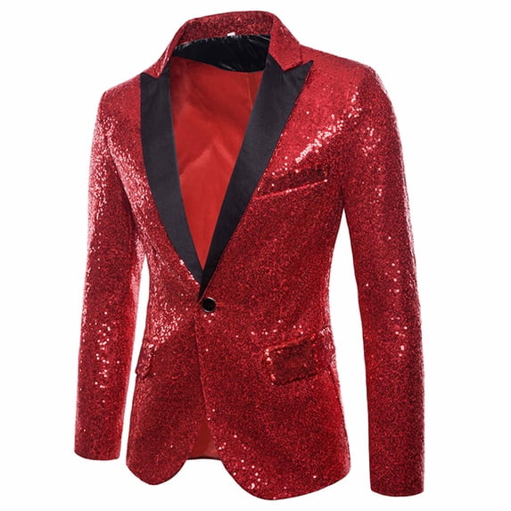 FAOWME Men's Suit Jacket Long Sleeved Lapel Buttons Sequin Fashion Comfortable Coats Tops For Stage Performance Red Xl