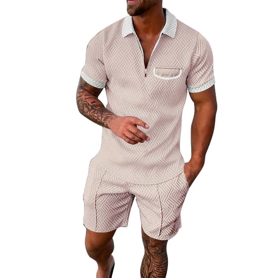 FAOWME Men's Summer 2 Piece Set Short Sleeved Lapel Half Zipper Solid Color Top And Shorts Comfortable Fashion Outfits For Casual Daily Wear,S,Beige