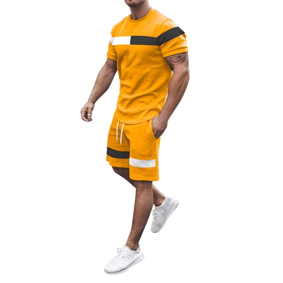 FAOWME Men's Summer Two-Piece Outfits Short Sleeve Round Neck Color Block T Shirt And Shorts Comfortable Fashion Set For Casual Daily Wear,L,Yellow