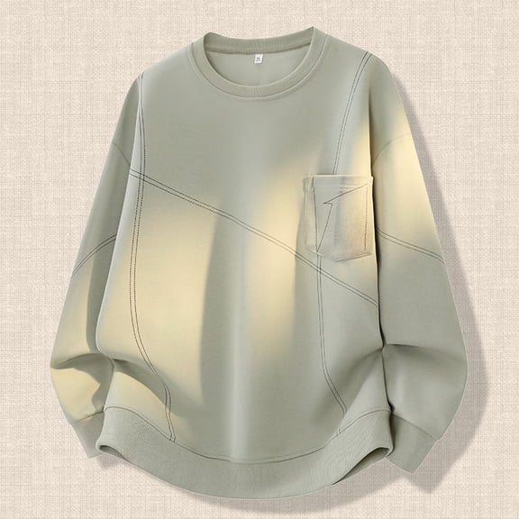 FAOWME Mens Casual Pullover With Pocket Long Sleeved Round Neck Striped Print Comfortable Fashion Loose Sweatshirt For Autumn Winter Daily Wear Light Green M