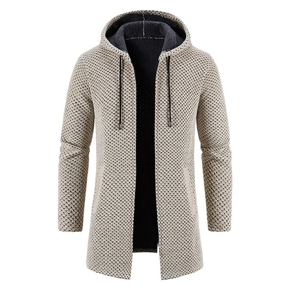 FAOWME Mens Knitted Hooded Coat Long Sleeved Solid Color Drawstring Zipper Comfortable Warm Jacket For Autumn Winter Daily Wear Beige L
