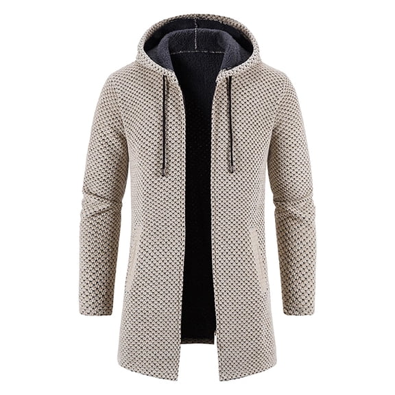 FAOWME Mens Knitted Hooded Coat Long Sleeved Solid Color Drawstring Zipper Comfortable Warm Jacket For Autumn Winter Daily Wear Beige Xxl