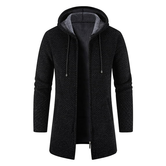 FAOWME Mens Knitted Hooded Coat Long Sleeved Solid Color Drawstring Zipper Comfortable Warm Jacket For Autumn Winter Daily Wear Black L