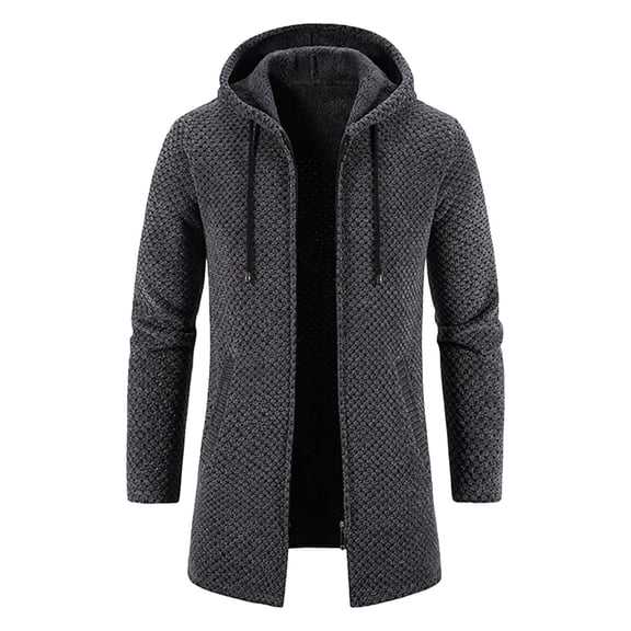 FAOWME Mens Knitted Hooded Coat Long Sleeved Solid Color Drawstring Zipper Comfortable Warm Jacket For Autumn Winter Daily Wear Dark Gray Xl