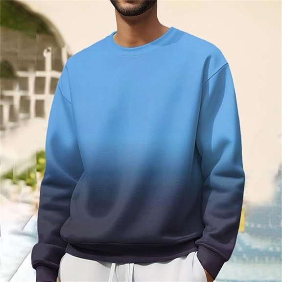 FAOWME Mens Pullover Long Sleeved Round Neck Gradient Color Comfortable Fashion Loose Sweatshirt For Autumn Winter Daily Wear Sky Blue Xxl