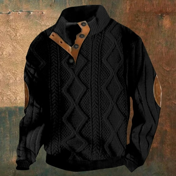 FAOWME Mens Pullover Long Sleeved Stand Collar Color Block Buttons Comfortable Fashion Warm Jacket For Autumn Winter Daily Wear Black Xxl