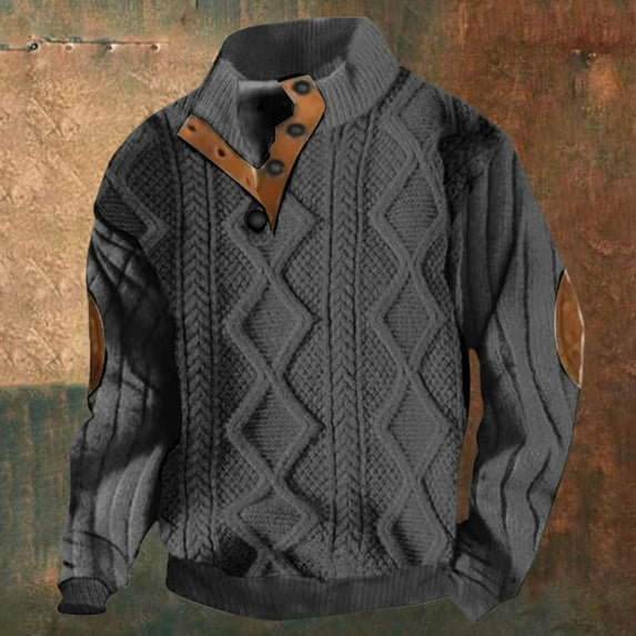 FAOWME Mens Pullover Long Sleeved Stand Collar Color Block Buttons Comfortable Fashion Warm Jacket For Autumn Winter Daily Wear Grey Xl