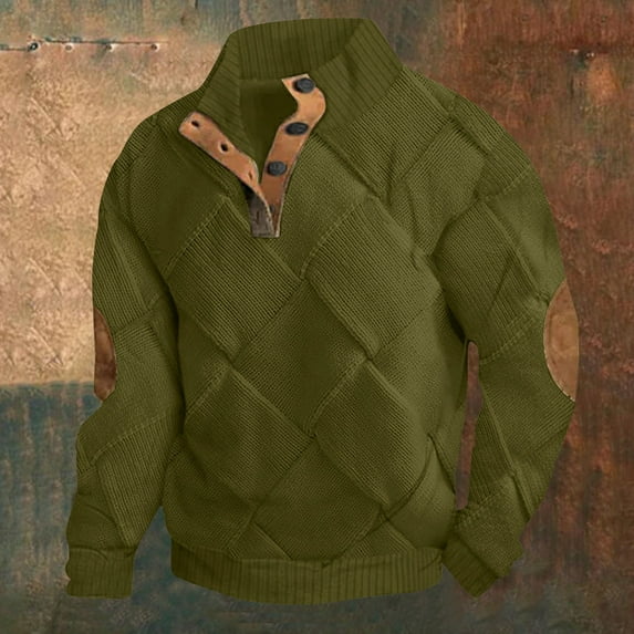 FAOWME Mens Retro Pullover Long Sleeved Stand Collar Color Block Buttons Comfortable Fashion Warm Jacket For Autumn Winter Daily Wear Army Green L