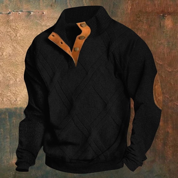 FAOWME Mens Retro Pullover Long Sleeved Stand Collar Color Block Buttons Comfortable Fashion Warm Jacket For Autumn Winter Daily Wear Black M