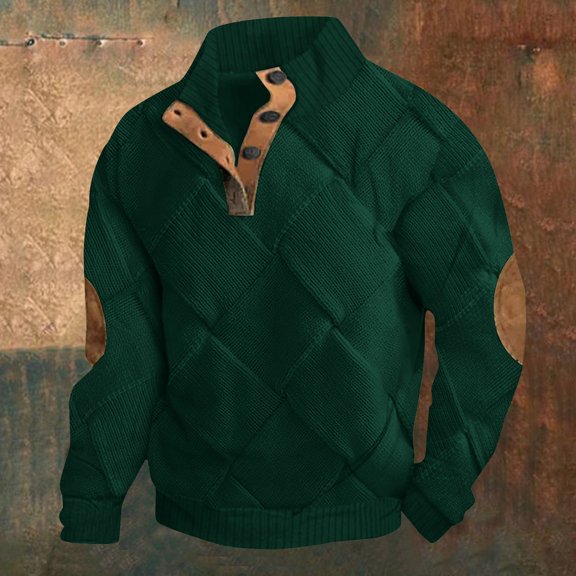 FAOWME Mens Retro Pullover Long Sleeved Stand Collar Color Block Buttons Comfortable Fashion Warm Jacket For Autumn Winter Daily Wear Dark Green M