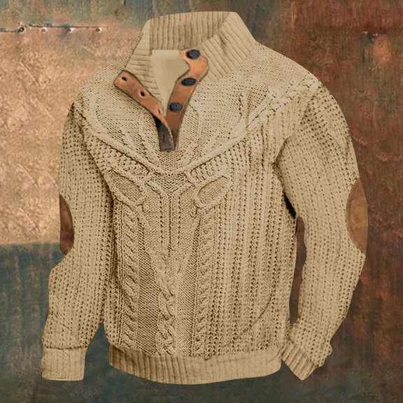 FAOWME Mens Retro Pullover Long Sleeved Stand Collar Color Block Buttons Comfortable Fashion Warm Jacket For Autumn Winter Daily Wear Khaki M