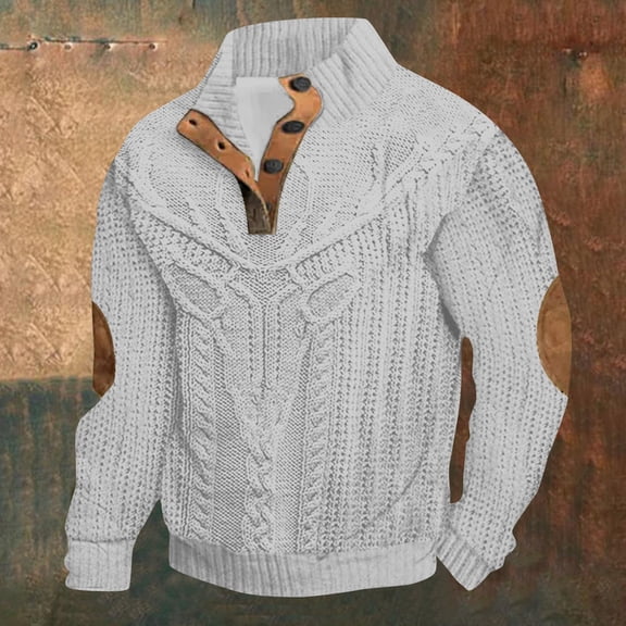 FAOWME Mens Retro Pullover Long Sleeved Stand Collar Color Block Buttons Comfortable Fashion Warm Jacket For Autumn Winter Daily Wear White Xl