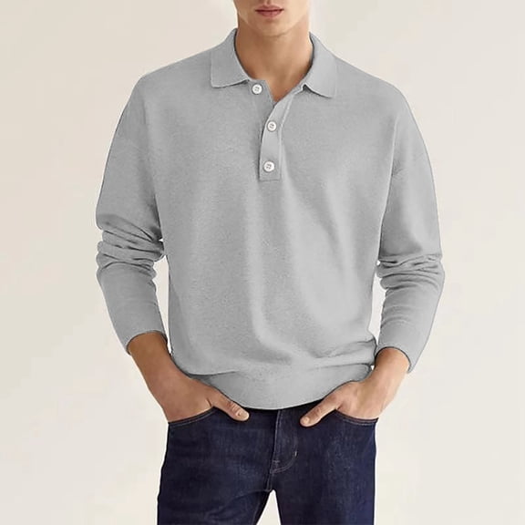 FAOWME Mens T Shirt Long Sleeve Lapel Buttons Solid Color Fashion Comfortable Breathable Shirt For Casual Daily Wear Grey S