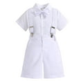 thumbnail image 1 of FAOWME Newborn Infant Boys Spring Summer Sets Short Sleeve Bodysuit Bow Tie Suspender Pants Hat Gentleman Solid Color Outfits Clothes For Evening Party,White,18-24 Months, 1 of 9