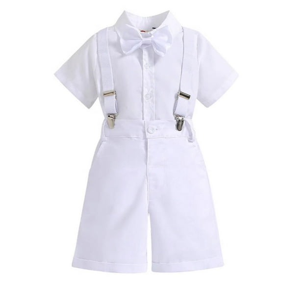 FAOWME Newborn Infant Boys Spring Summer Sets Short Sleeve Bodysuit Bow Tie Suspender Pants Hat Gentleman Solid Color Outfits Clothes For Evening Party,White,18-24 Months