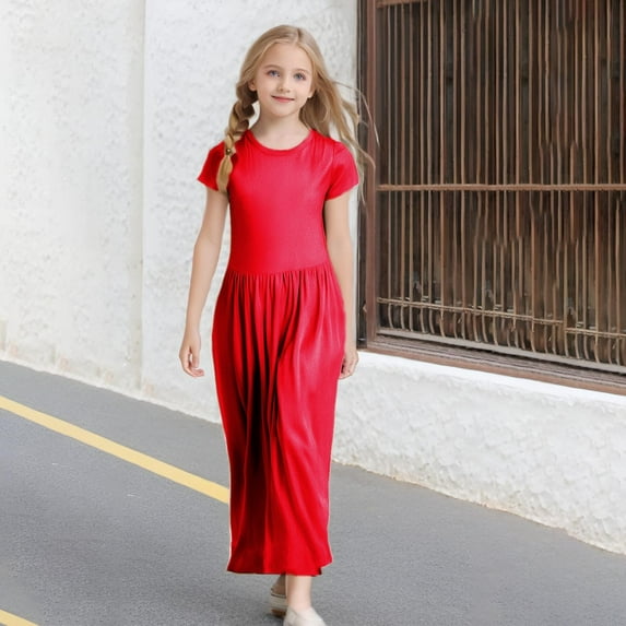 FAOWME Newborn Kids Girls Dress Short Sleeve Round Neck Solid Color Elegant Comfortable Breathable Maxi Dresses For Casual Daily Wear,Red,6-7 Years