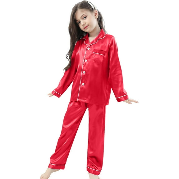 FAOWME Pajamas Kids Unisex PJs Set Girls Boys Silk Pajamas Sets Nightwear Satin Long Sleeve 2PCS Clasic Sleepwear Red 12-24 Months