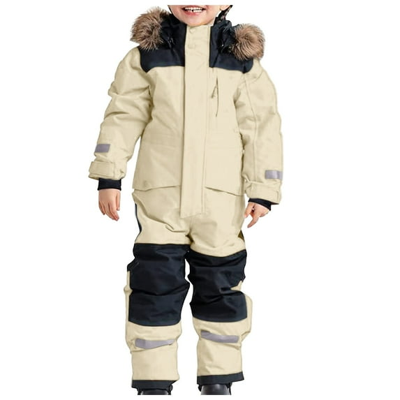 FAOWME Snowsuit Children Boys Ski Suit Thermal Ski Overall Warm Snow Overall Windproof Winter Suit With Removable Hood Mud Suit Outdoor Soft Suit Beige 10-11 Years