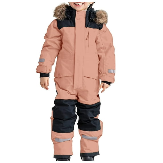 FAOWME Snowsuit Children Boys Ski Suit Thermal Ski Overall Warm Snow Overall Windproof Winter Suit With Removable Hood Mud Suit Outdoor Soft Suit Rose Gold 14-15 Years