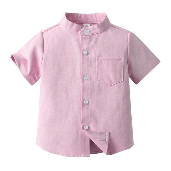 FAOWME Spring Summer Boys Short Sleeved Shirt Solid Color Single Cotton Cardigan Children Shirt Pink 11-12 Years