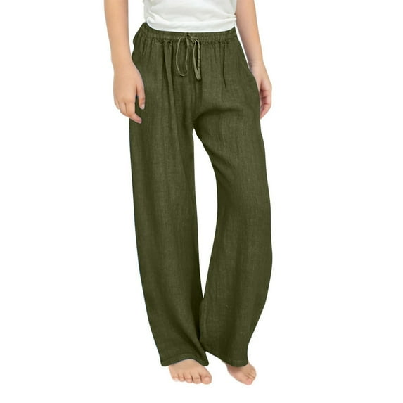 FAOWME Teen Girls Casual Linen Pants Lightweight Summer Loose Fit Elastic Waist Plus Size Solid Color Long Trousers Green 13-14 Years