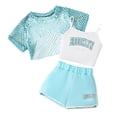 thumbnail image 1 of FAOWME Girls Summer Outfits 3 Piece Letter Print Sleeveless Top With Mesh Shirt And Shorts Stylish Comfortable Sets For Casual Daily Wear,Sky Blue,13-14 Years, 1 of 2