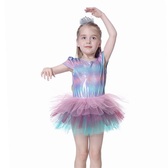 FAOWME Toddler Baby Girls Ballet Dance Dress Short Sleeve Round Neck Color Block Soft Comfortable Mesh Tutu Dresses For Stage Performance,Mc1,7-8 Years