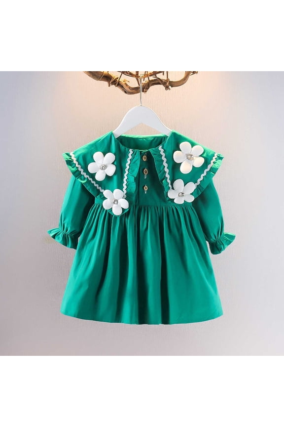 Toddler Baby Girls Dress Sleeveless Peter Pan Collar Floral Design Elegant Comfortable Dresses For Casual Daily Wear,Green,18-24 Months