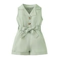thumbnail image 1 of FAOWME Toddler Baby Girls Onesie Jumpsuit Onesie Classic Lapel Belted Romper Overall Shorts Bodysuit Green 12-18 Months, 1 of 6
