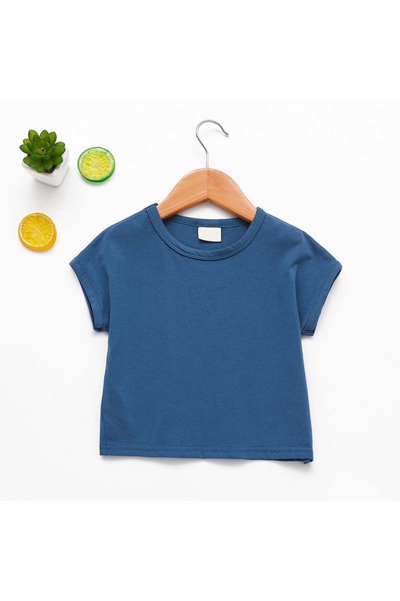 Toddler Baby Girls T Shirt Short Sleeve Round Neck Solid Color Comfortable Breathable Soft Tee Top For Casual Daily Wear,Blue,18-24 Months