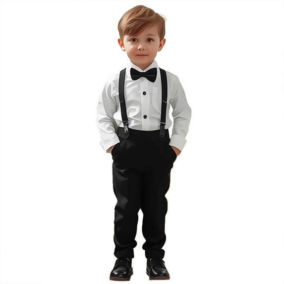 FAOWME Toddler Boys Gentleman Outfits Long Sleeve Lapel Solid Color Shirts Tops And Suspenders Pants Comfortable Formal Sets For Daily Wear,White,2-3 Years