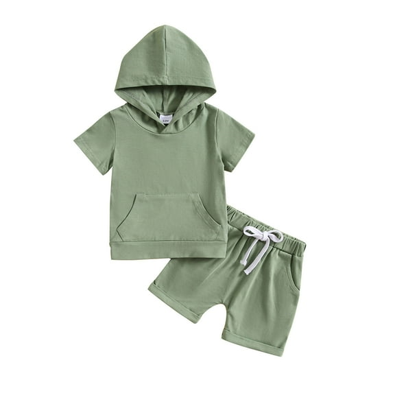 FAOWME Toddler Boys Girls Short Sleeve Solid Color Hooded T-Shirt Tops Shorts Outfits Green 2-3 Years