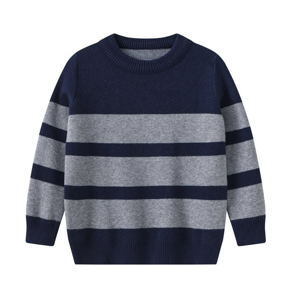FAOWME Toddler Boys Girls Sweater Long Sleeve Round Neck Stripe Knit Warm Comfortable Knitwear Top For Autumn Winter Daily Wear,Navy,5-6 Years