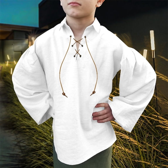 FAOWME Toddler Boys Halloween Retro Shirts Lace Up Long Sleeve Stand Collar Solid Color Comfortable Breathable Blouse For Daily Wear,White,12-14 Years