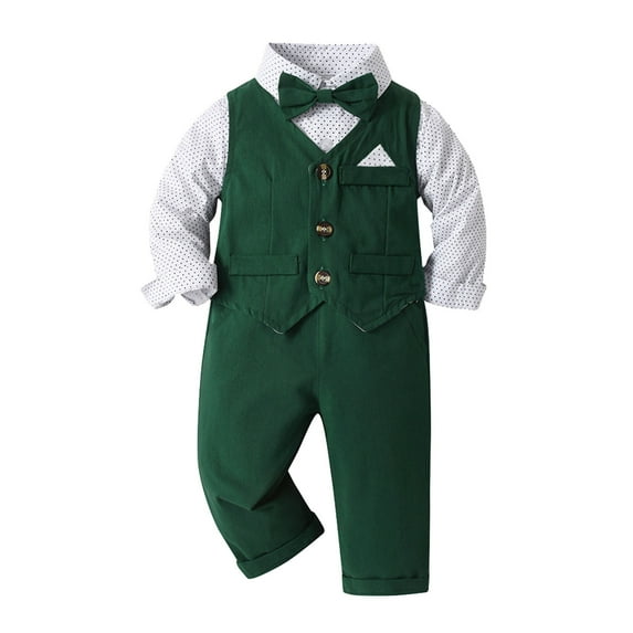 FAOWME Toddler Boys Long Sleeve Dot Prints T-Shirt Tops Vest Coat Pants Child Kids Gentleman Outfits Green 2-3 Years