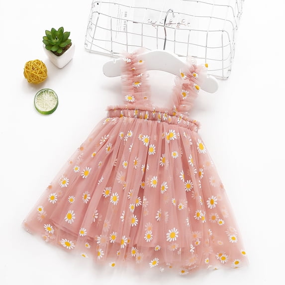 FAOWME Toddler Children Girls Dress Sleeveless Suspenders Floral Print Elegant Comfortable Mesh Dresses For Casual Daily Wear,Pink,1-2 Years