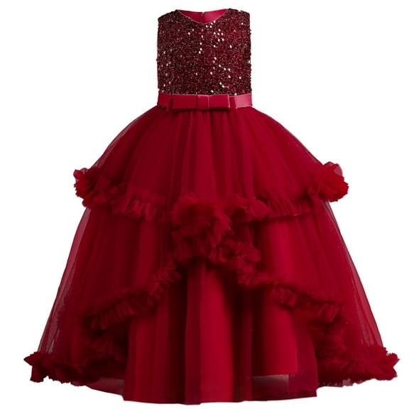 FAOWME Toddler Girls Dress Sleeveless Princess Dress Ruffled Mesh Dress Wedding Dress For Child Clothes Fashion Red 4-5 Years