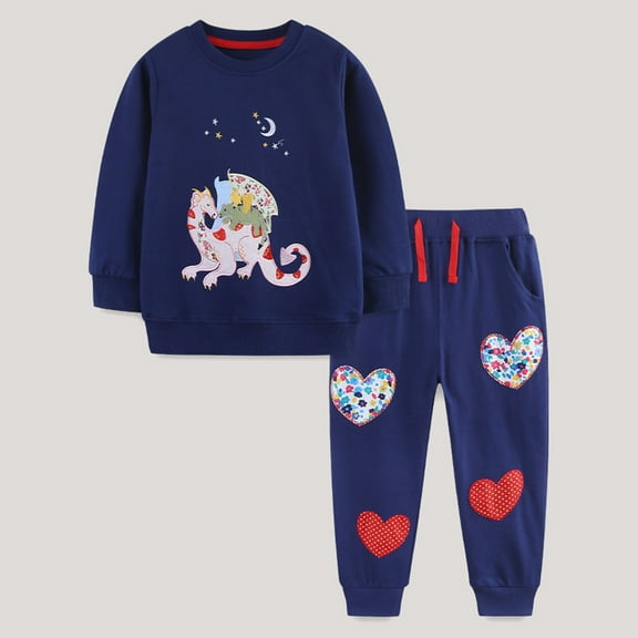 FAOWME Toddler Girls Outfits 2 Piece Long Sleeve Round Neck Cartoon Print Top And Elastic Waist Pants Comfortable Soft Sets For Casual Daily Wear,Navy,2-3 Years