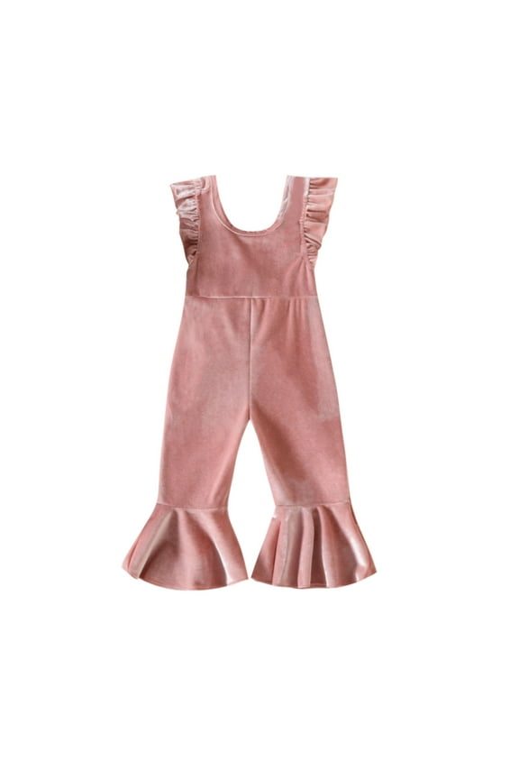 Toddler Girls Ruffles Fly Sleeve Solid Color Romper Bell Bottoms Flare Jumpsuit Onesie RD2 6-12 Months
