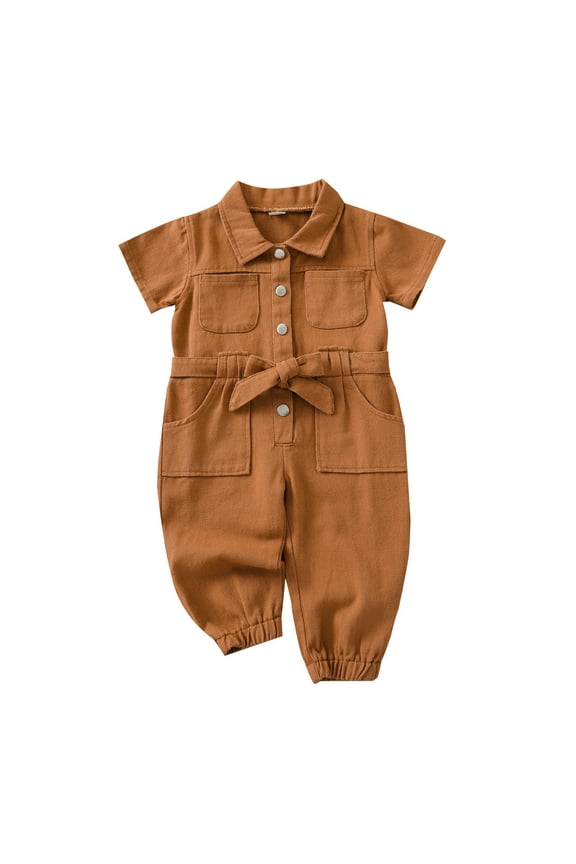 Toddler Girls Short Sleeve Solid Color Jeans Jumpsuit Onesie Fashion Outwear For Child Clothes Brown 4-5 Years
