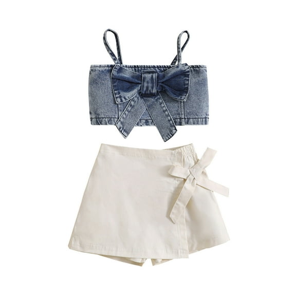 FAOWME Toddler Girls Sleeveless Bowknot Denim Vest T-Shirt Tops Skirts Outfits White 2-3 Years