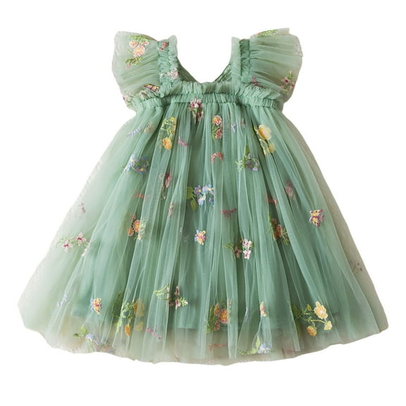 FAOWME Toddler Girls Sleeveless Butterfly Embroidered Flowers With Wing Tie Tulle Holiday Dress Dance Party Dresses Sundress Green 2-3 Years