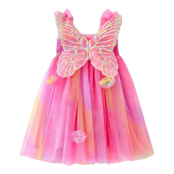 FAOWME Toddler Girls Sleeveless Butterfly With Wing Tie Dye Rainbow Tulle Holiday Dress Dance Party Dresses Sundress Hot Pink 5-6 Years
